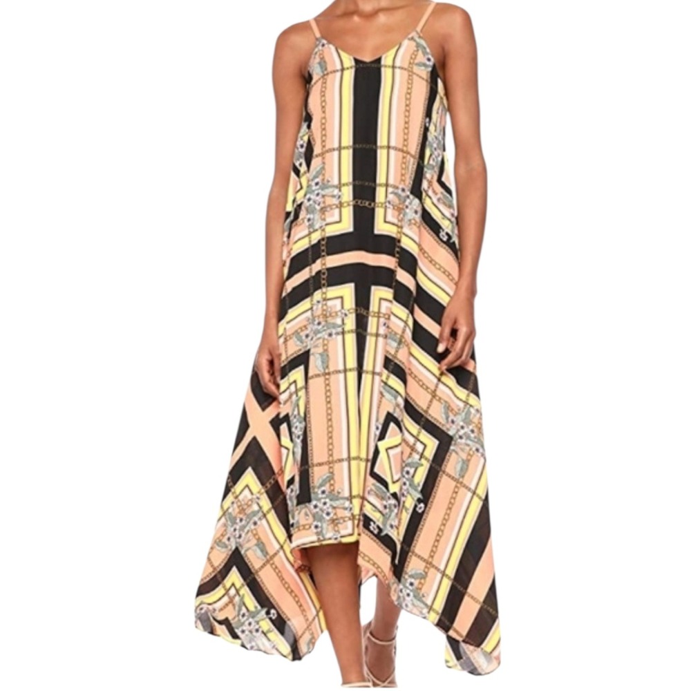 Nanette Lepore Geometric Scarf Print Handkerchief Hem Midi Dress Peach Black 10